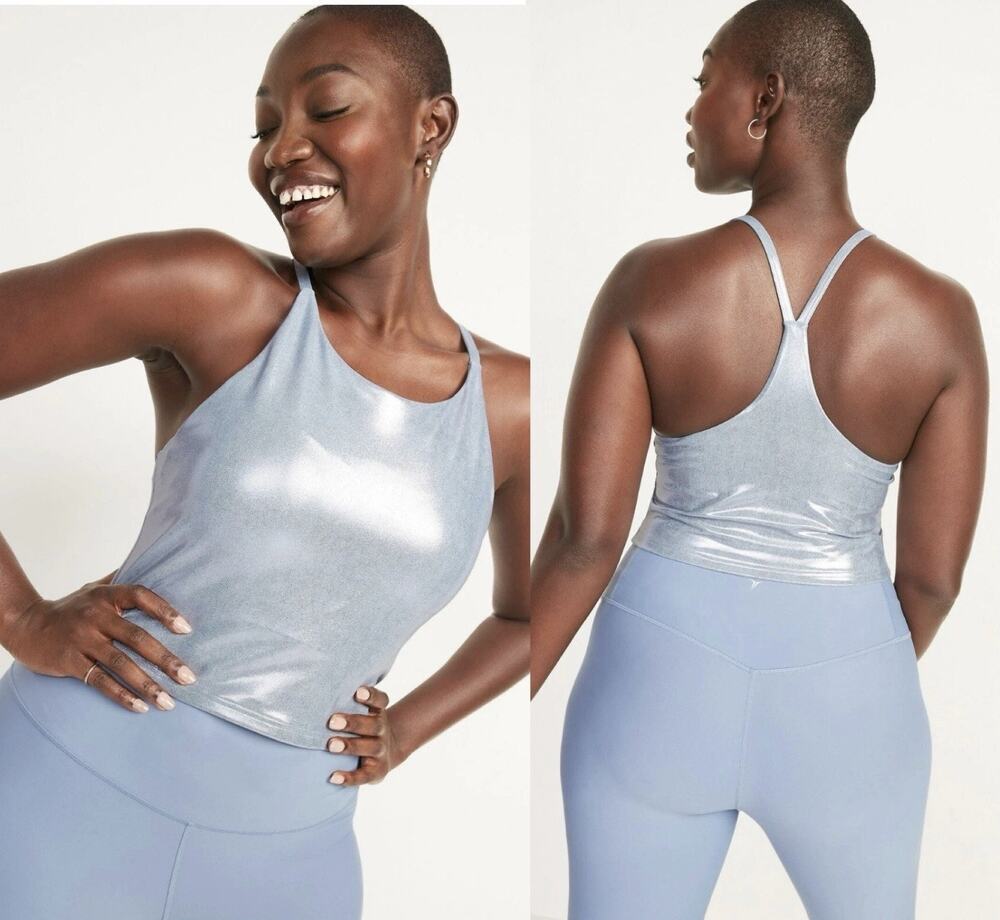 Old Navy Active Powersoft Shine Longline Sports Bra Tank Silver Metallic 4X NWOT